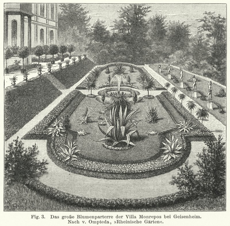 Havedesign: stor parterre ved Monrepos, ejendom efter bankmand og amatørastronom Heinrich Eduard von Lade, Geisenheim, Tyskland (gravering) af German School