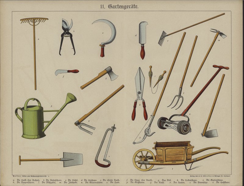 Haveredskaber (farve litho) af German School