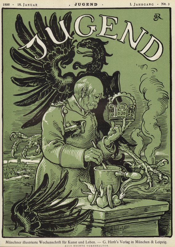 Den tyske kansler Otto von Bismarck holder kronen af Det Hellige Romerske Rige (farve litho) af German School