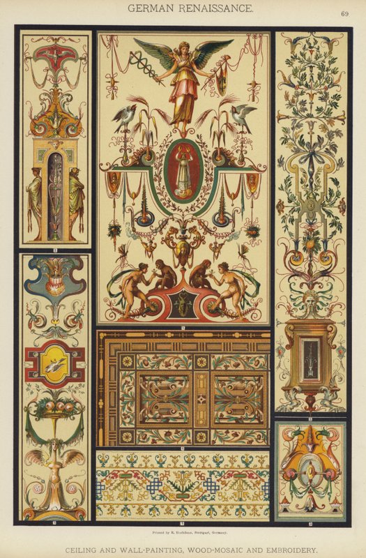 Tysk renæssance, loft- og vægmaling, træ-mosaik og broderi (farve litho) af German School