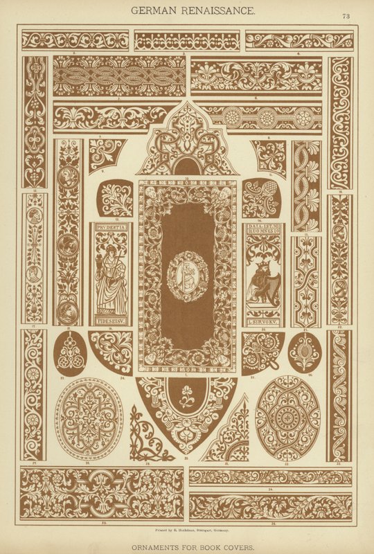 Tysk renæssance, ornamenter til bogomslag (farve litho) af German School