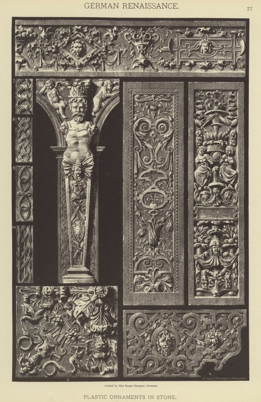 Tysk renæssance, plastik ornamenter i sten (farve litho) af German School