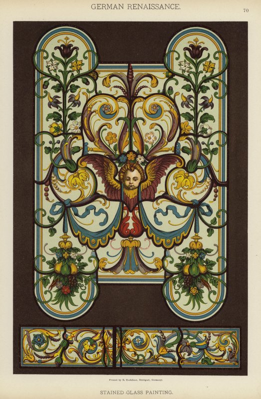 Tysk renæssance, farvet glasmaleri (farve litho) af German School