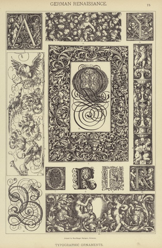 Tysk renæssance, typografiske ornamenter (farve litho) af German School