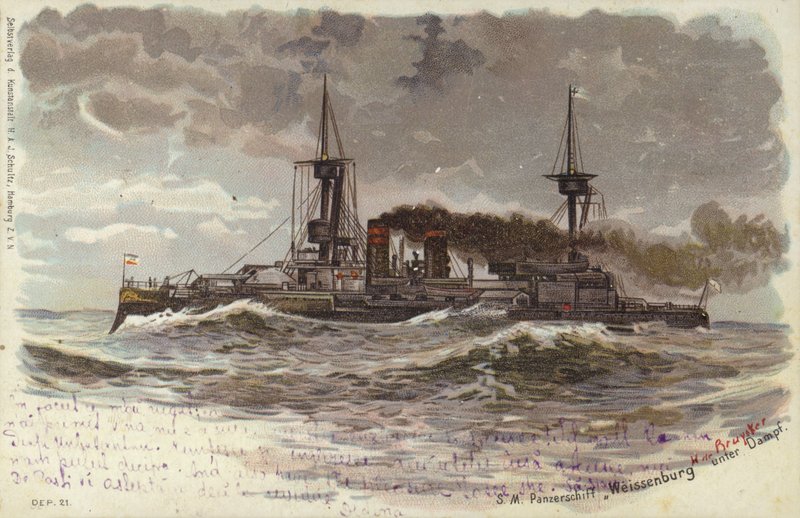 Tysk slagskib SMS Weissenburg, slutningen af det 19. eller begyndelsen af det 20. århundrede (farve litho) af German School