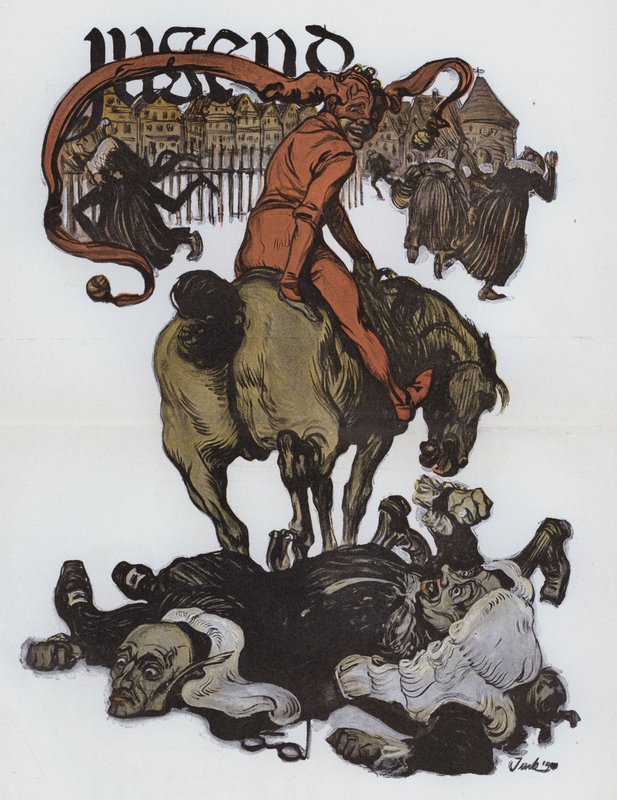 Tysk tegneserie fra magasinet Jugend (farve litho) af German School