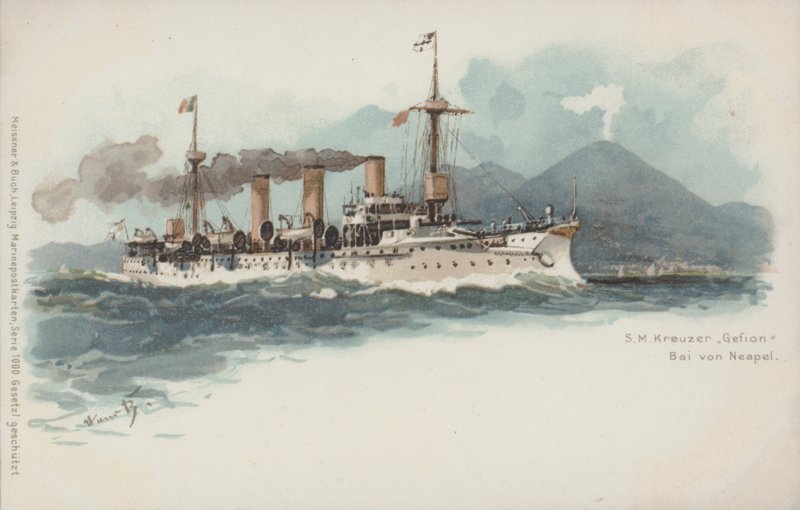 Tysk krydser Gefion i Napoli-bugten, Italien (chromolitho) af German School