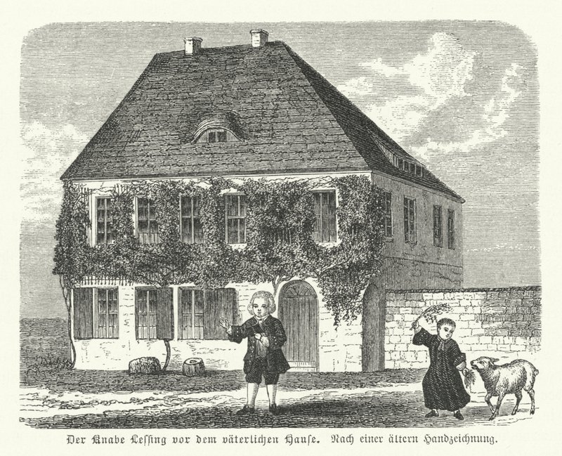 Den tyske filosof og dramatiker Gotthold Ephraim Lessing uden for sin fars hus i Kamenz som dreng (stik) af German School