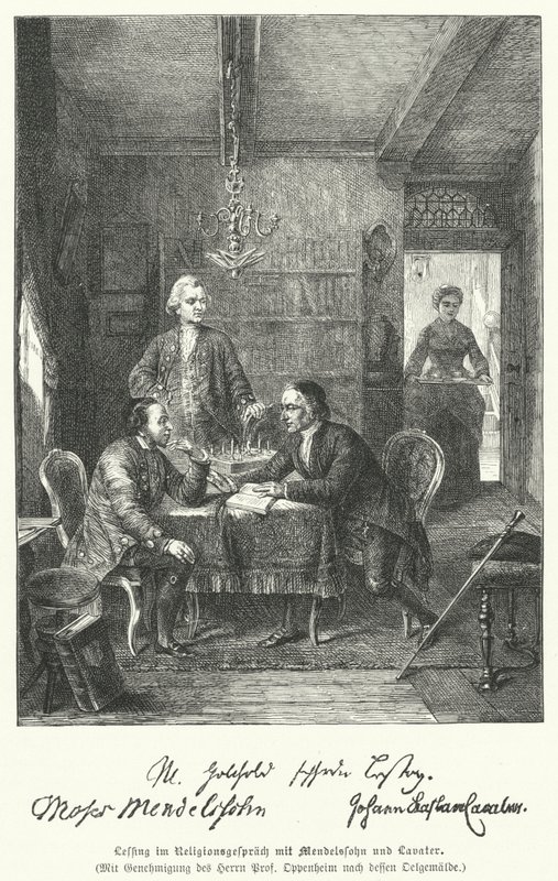 Tysk filosof og dramatiker diskuterer religion med Moses Mendelssohn og Johann Kaspar Lavater (gravering) af German School