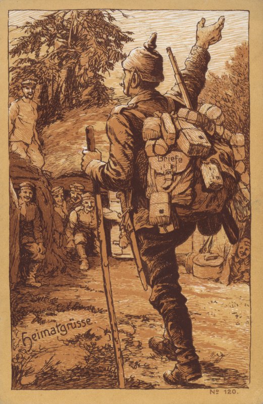 Tysk soldat med post får en varm velkomst, da han vender tilbage til sin enhed (litografi) af German School