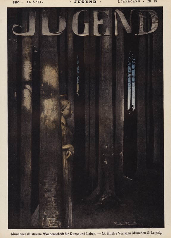 Pige går i en skov om natten (farve litho) af German School