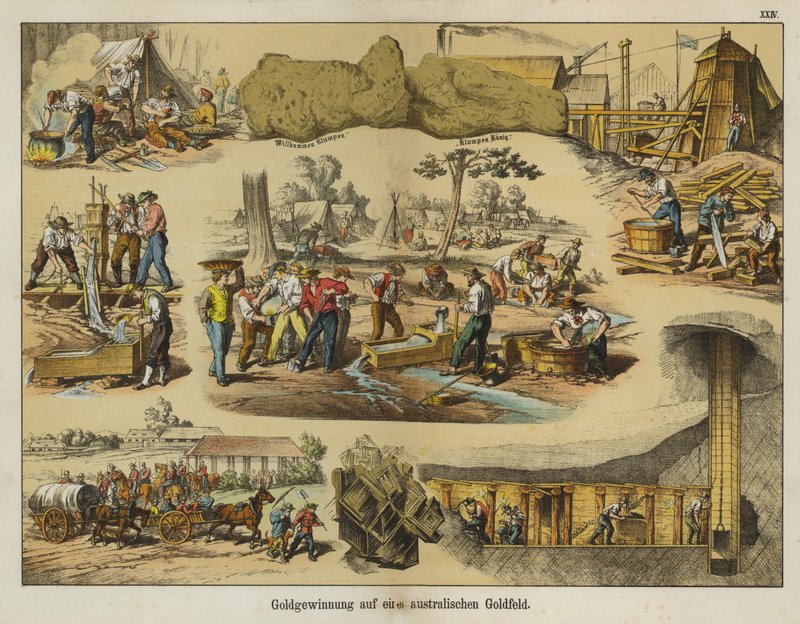 Guldminedrift i guldmarkerne i Australien (farve litho) af German School