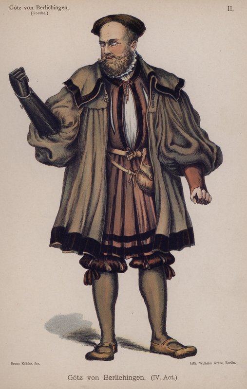 Gotz von Berlichingen, titelfigur fra skuespillet af Goethe (farve litho) af German School