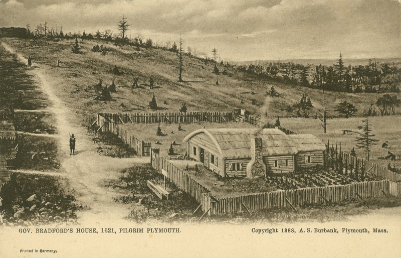 Guvernør William Bradfords hus, Plymouth Colony (litho) af German School