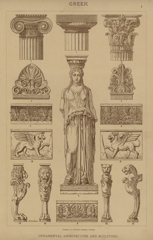 Græsk, dekorativ arkitektur og skulptur (farve litho) af German School