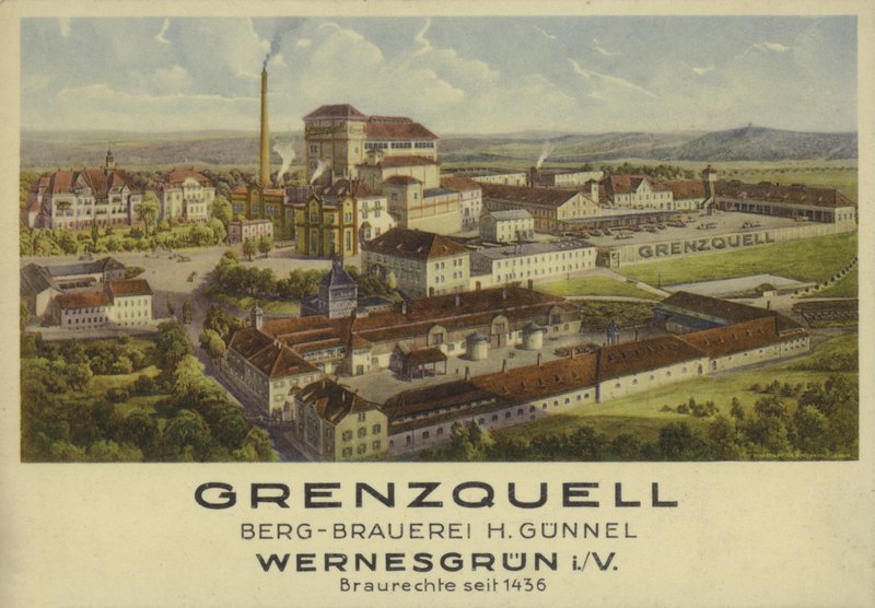 Grenzquell Brewery, Wernesgrun, Sachsen, Tyskland (farve litho) af German School