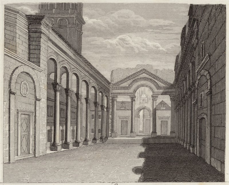 Hall i den romerske kejser Diocletians palads, Spalato (Split, Kroatien). Illustration til Bilder-Atlas (gravering) af German School