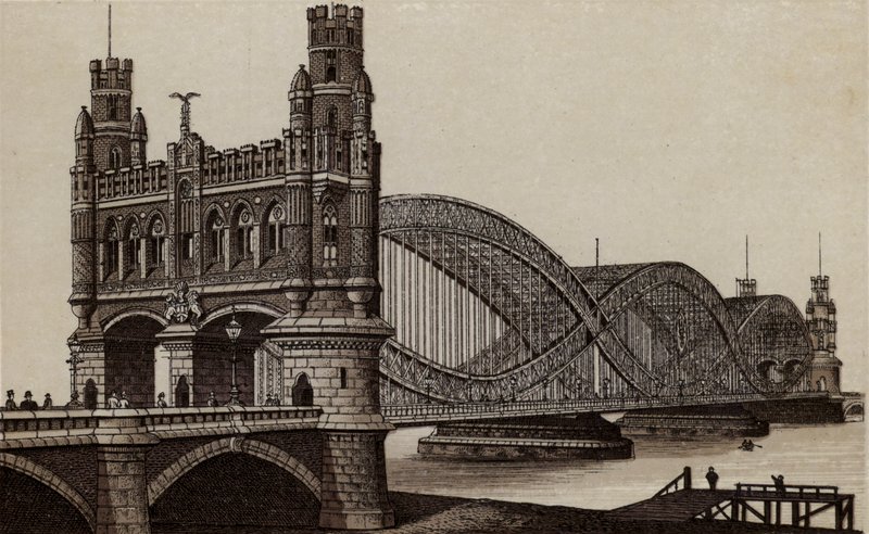 Hamborg: Neue Elbbrücke, Ny bro over Elben (litho) af German School