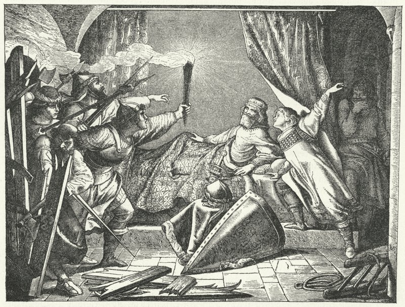 Hartmann af Siebenich forklædt som Frederick Barbarossa for at gøre det muligt for kejseren at flygte fra Susa, Italien af German School