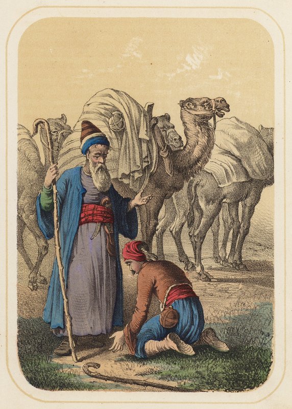 Harun al Rashid og Abdallah i en scene fra Tusind og én nat (farve litho) af German School