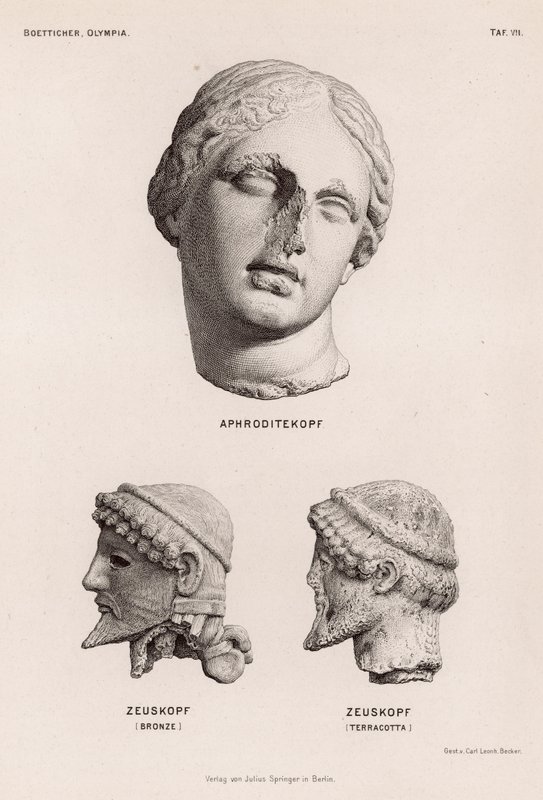 Hoveder af Afrodite og Zeus fra Olympia, Grækenland (gravering) af German School