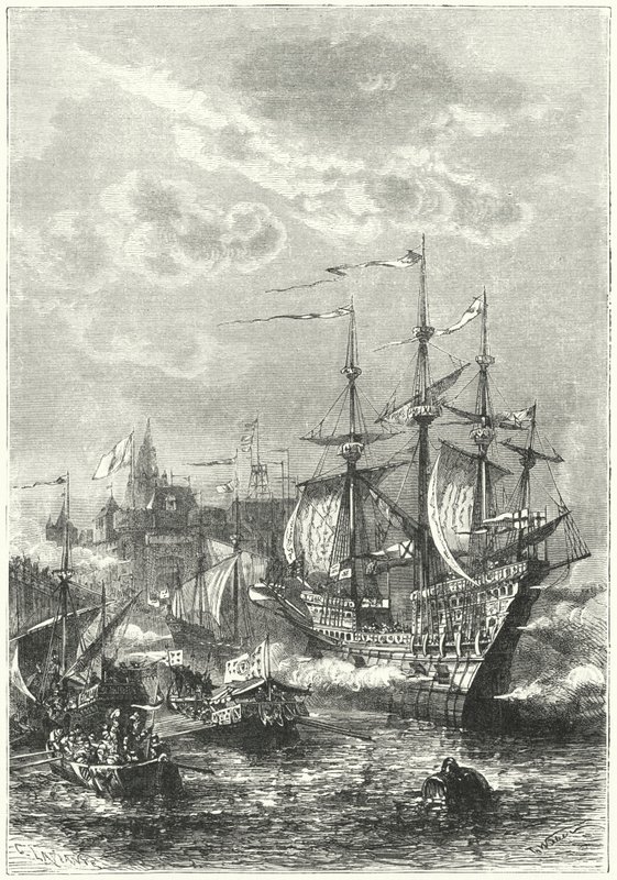 Henrik VIII og den engelske flåde lander ved Calais af German School