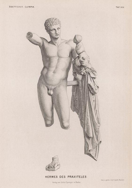 Hermes and the Infant Dionysus, skulptur tilskrevet Praxiteles udgravet i Olympia, Grækenland (gravering) af German School