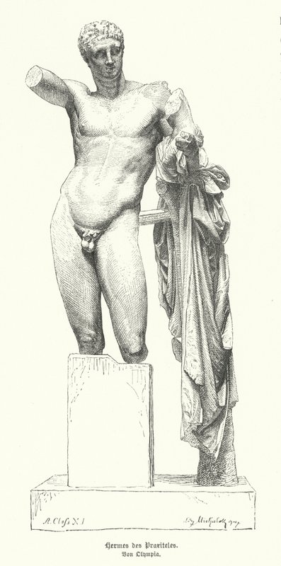 Hermes og spædbarnet Dionysos, statue af den antikke græske billedhugger Praxiteles opdaget i ruinerne af Temple of Hera, Olympia (gravering) af German School