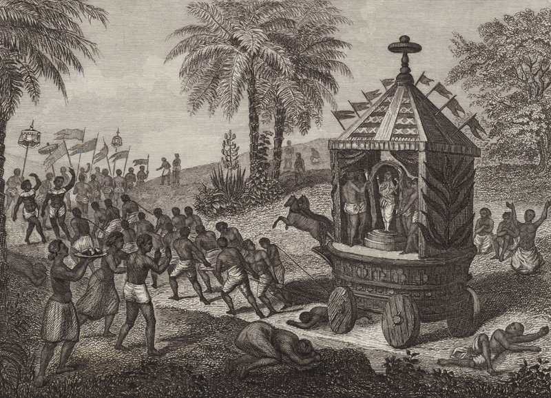 Hindutilbedere trækker en bil af Juggernaut i det gamle Indien. Illustration til Bilder-Atlas (gravering) af German School