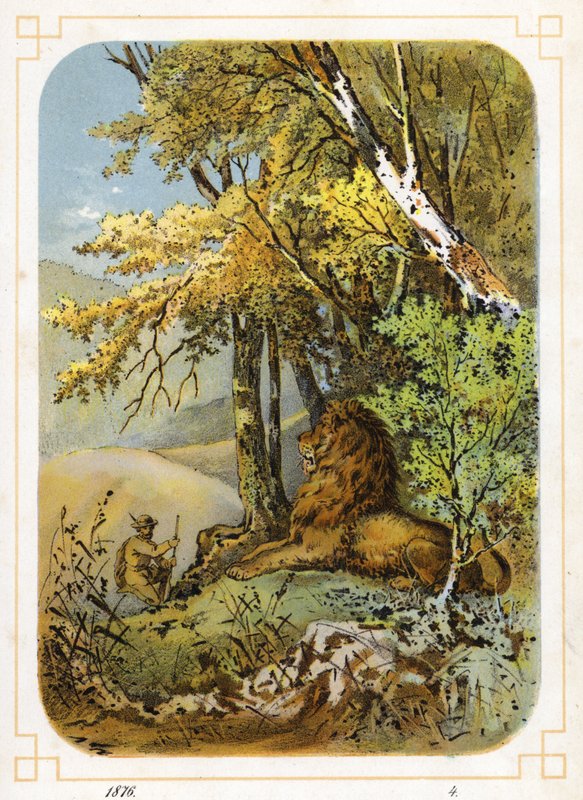 Jæger nærmer sig løve (farve litho) af German School
