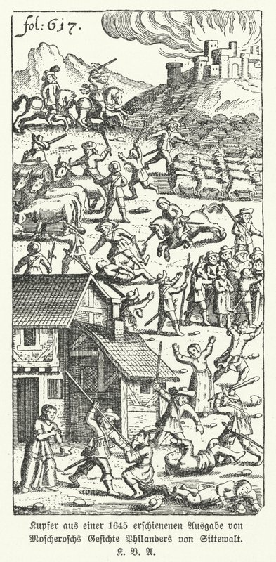 Illustration fra en 1645-udgave af den tyske forfatter Johann Michael Moscheroschs satiriske værk Wondrous and True Visions of Philander von Sittewald (litho) af German School