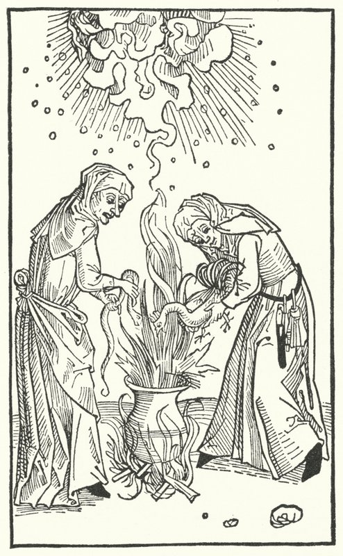 Illustration fra en afhandling af Ulrich Molitor om spåmænds kvinder og hekseri (gravering) af German School