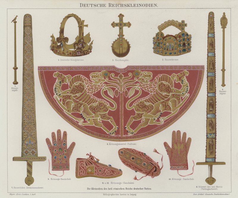 Det Hellige Romerske Riges kejserlige regalier (farve litho) af German School