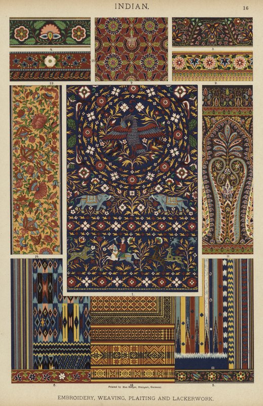 Indisk, broderi, vævning, fletning og lak (farve litho) af German School