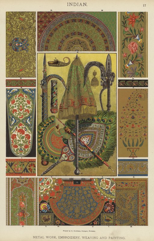 Indisk, metalarbejde, broderi, vævning og maling (farve litho) af German School