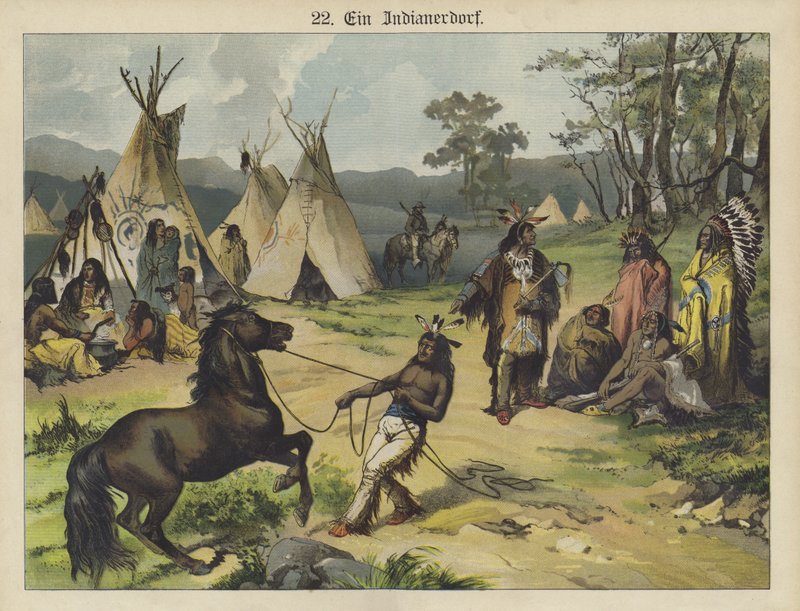 Indian camp, Amerika (farve litho) af German School