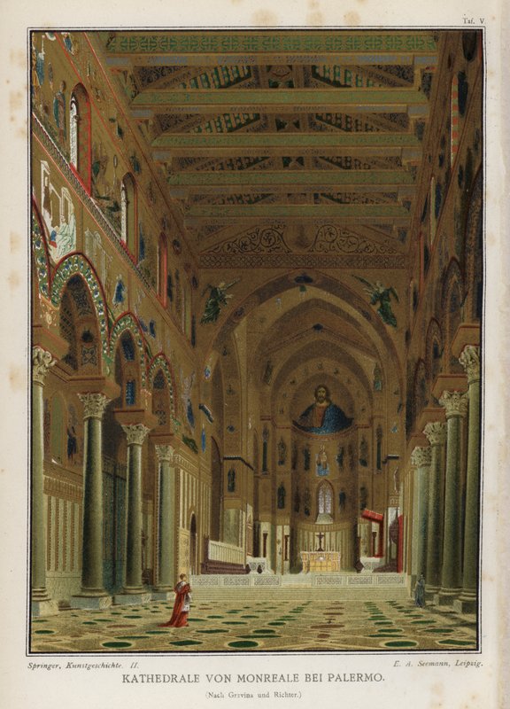 Interiør, katedralen i Monreale, Palermo, Sicilien, Italien (farve litho) af German School