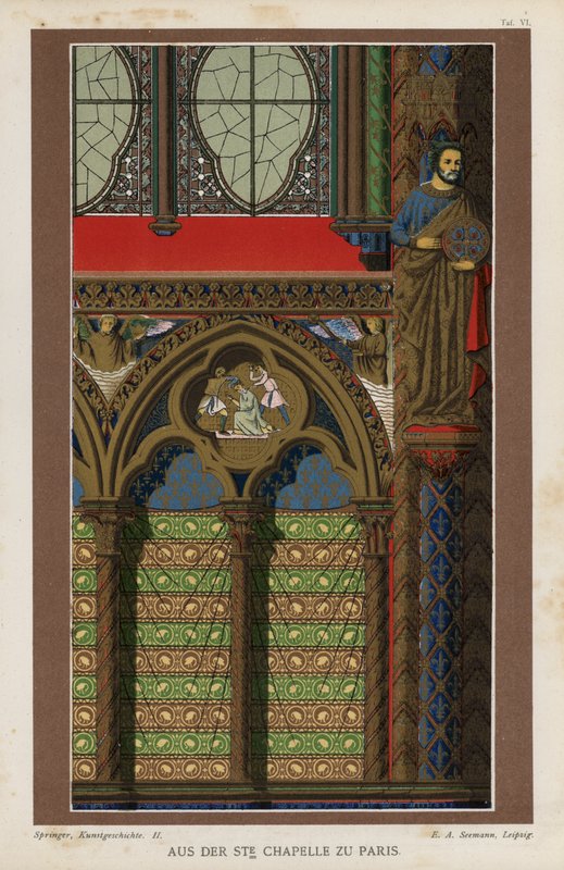 Interiørdetalje fra Sainte-Chapelle, Paris, Frankrig (farve litho) af German School