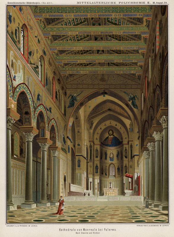 Interiør af Monreale Cathedral, Palermo, Sicilien, Italien (farve litho) af German School