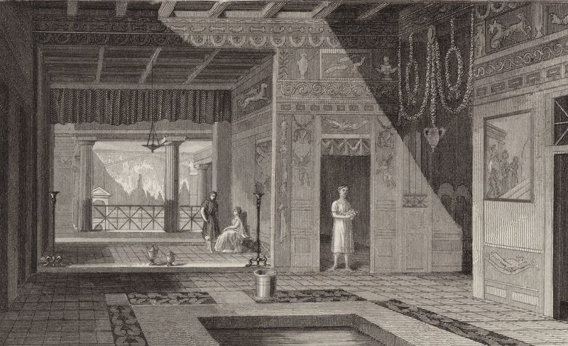 Interiør af et romersk hus i Pompeji. Illustration til Bilder-Atlas (gravering) af German School