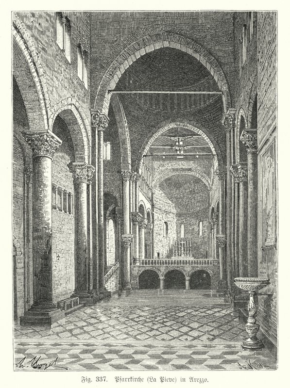 Interiør af kirken Santa Maria della Pieve, Arezzo, Italien (gravering) af German School
