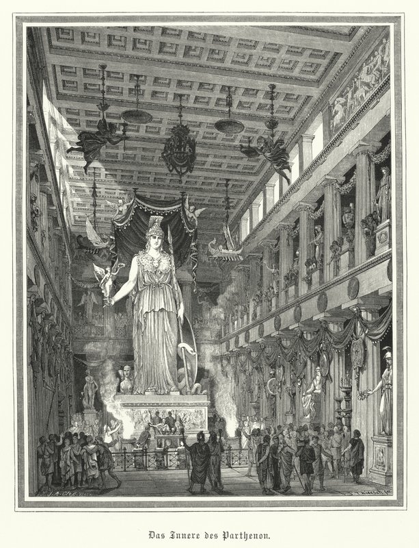 Interiør af Parthenon, Athen, med den kolossale statue af den græske gudinde Athena (gravering) af German School
