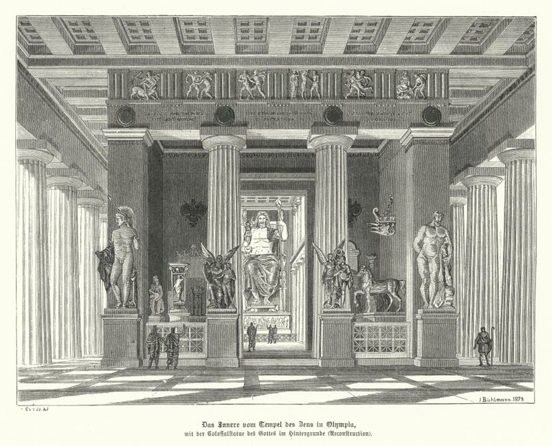 Interiør af Zeus-templet i Olympia, det antikke Grækenland (gravering) af German School