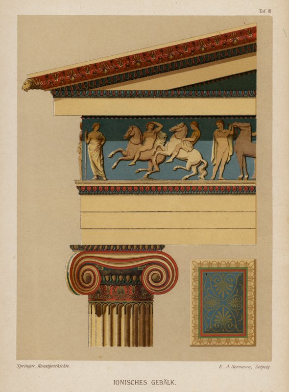 Ionisk entablatur, gammel græsk arkitektur (farve litho) af German School