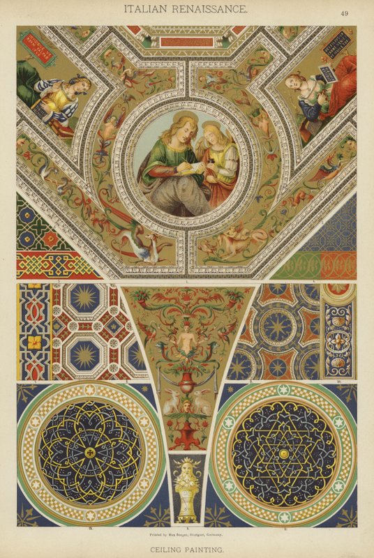 Italiensk renæssance, loftsmaleri (farve litho) af German School