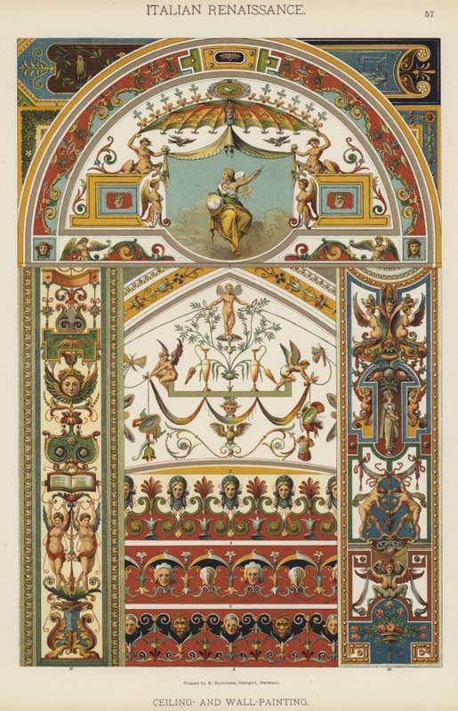 Italiensk renæssance, loft og vægmaling (litho-farve) af German School