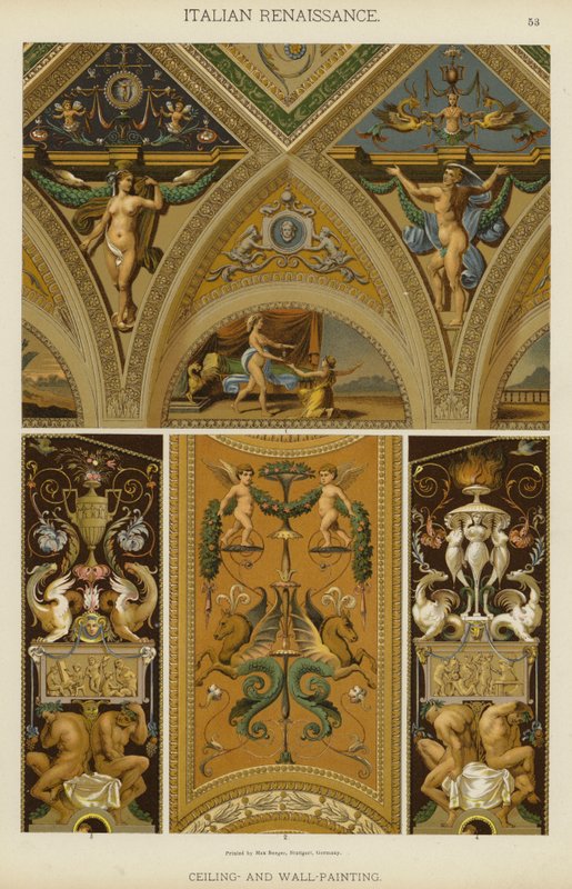 Italiensk renæssance, loft og vægmaling (litho-farve) af German School