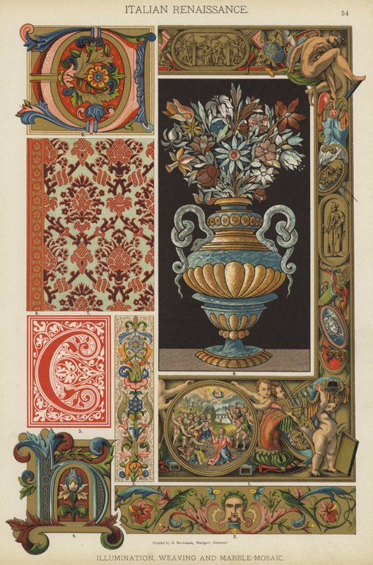Italiensk renæssance, belysning, vævning og marmor-mosaik (farve litho) af German School