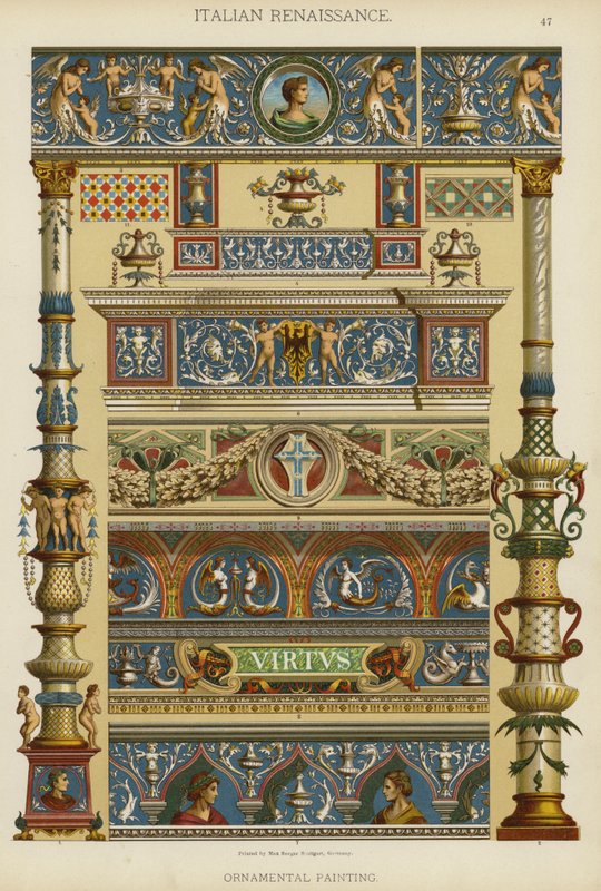 Italiensk renæssance, ornamental maleri (farve litho) af German School