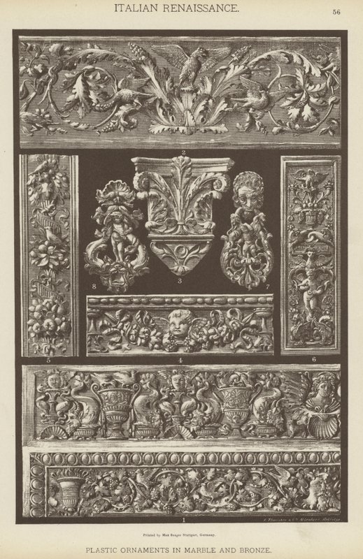 Italiensk renæssance, plastik ornamenter i marmor og bronze (farve litho) af German School